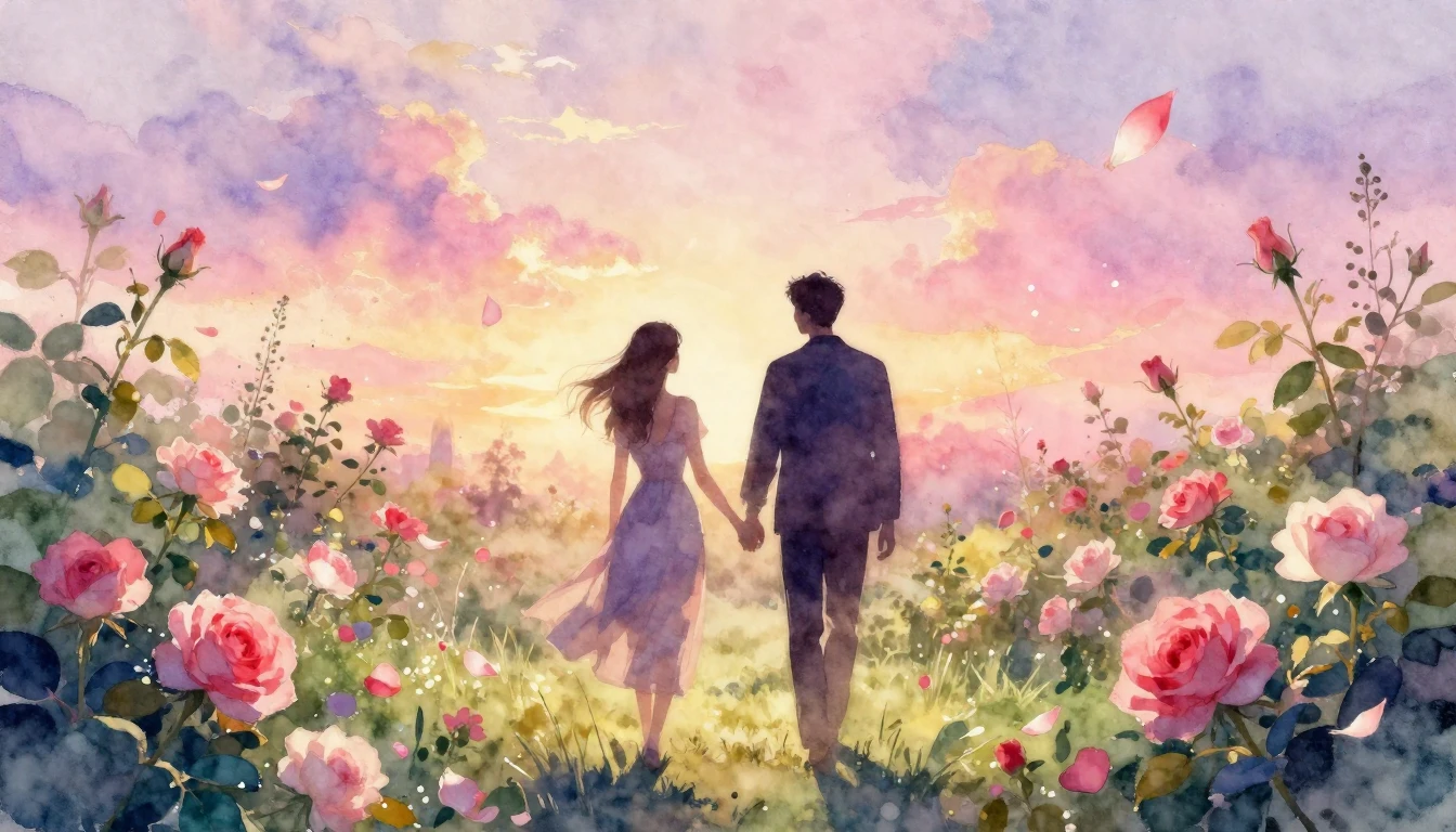 A beautiful watercolor painting of two silhouettes walking h...