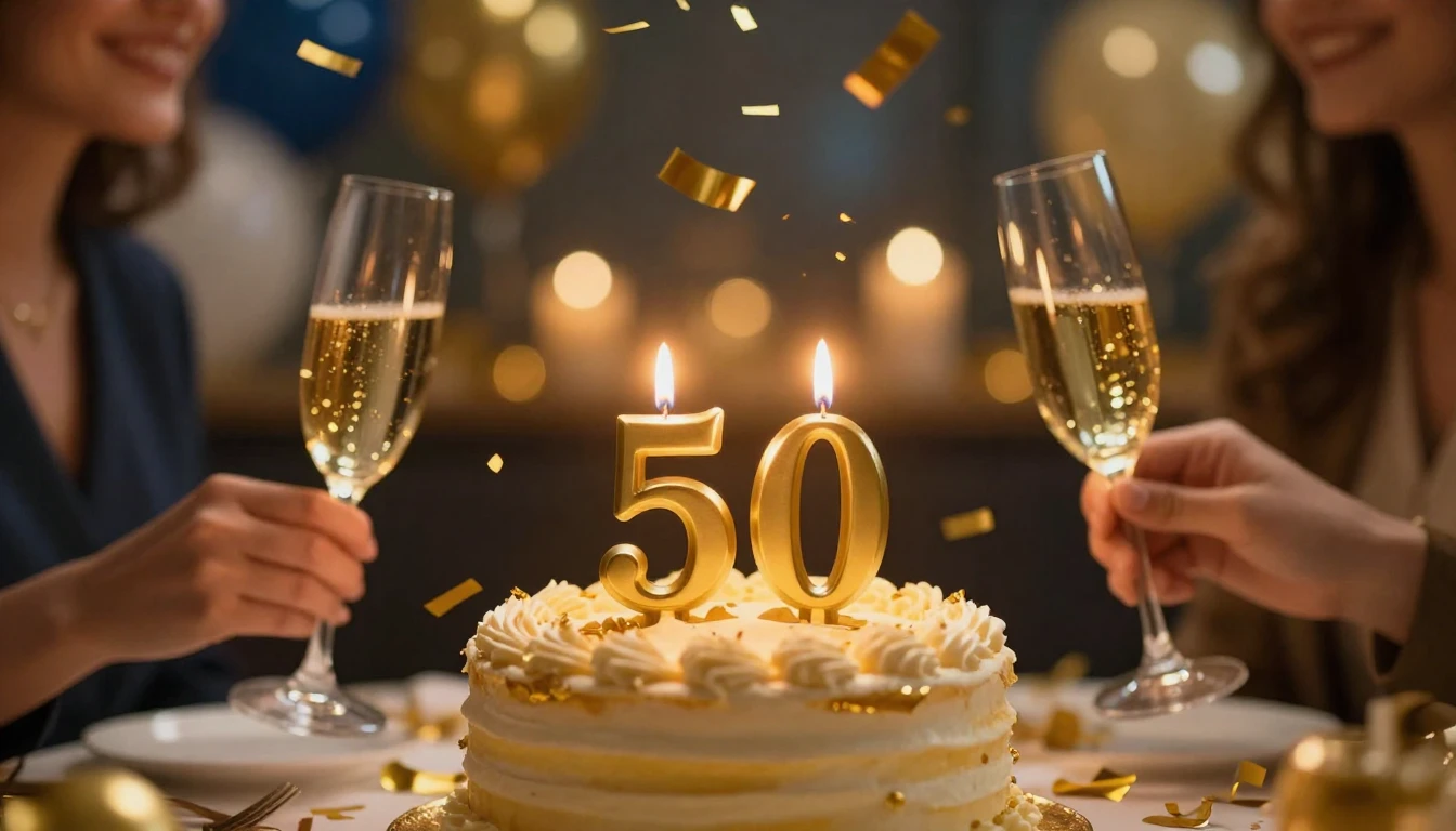 A festive and warm celebration scene for a 50th birthday. A ...