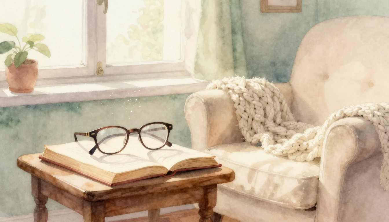 A soft watercolor painting of a cozy sunlit living room. A p...