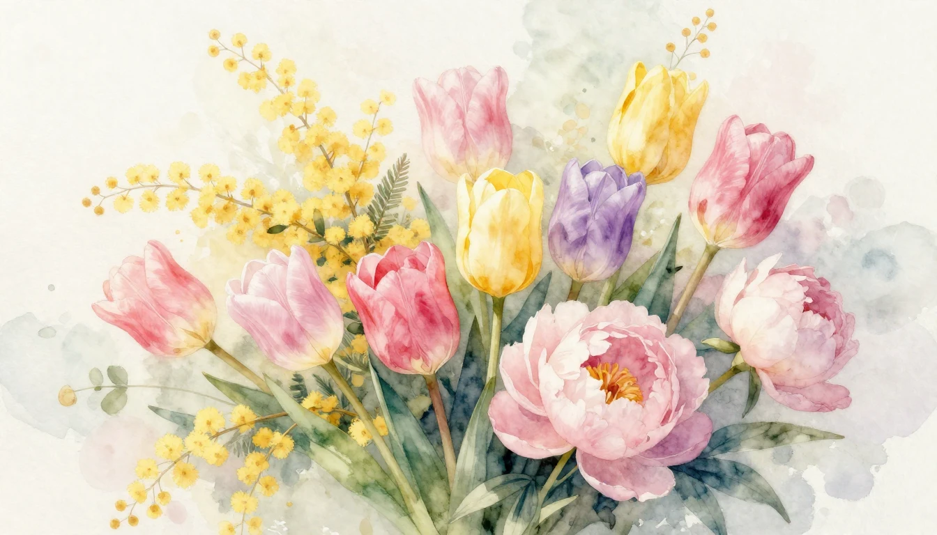 A beautiful and delicate watercolor painting of a lush bouqu...
