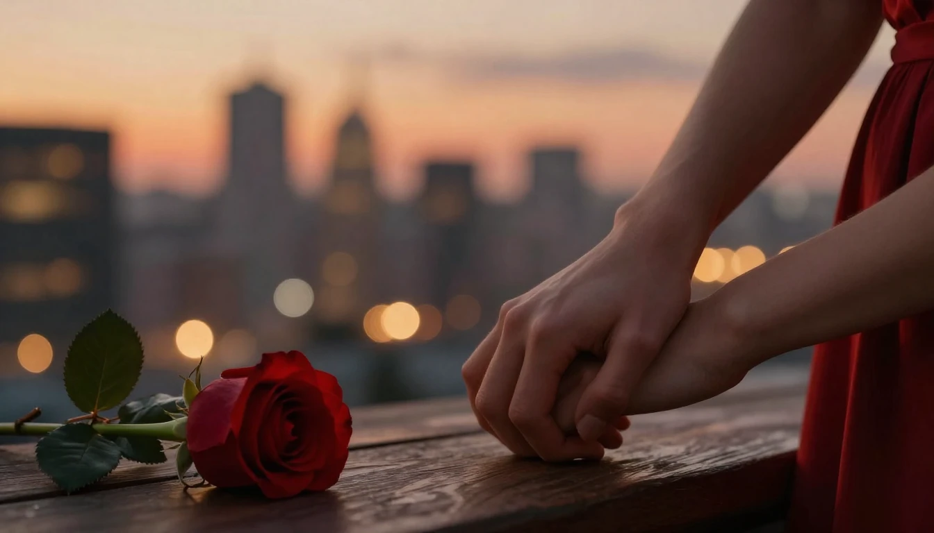 A romantic cinematic close-up shot of a couple holding hands...