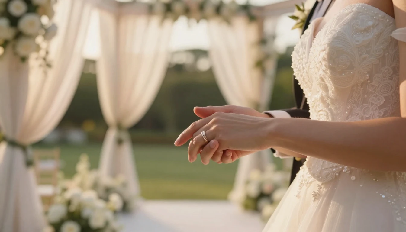 A cinematic close-up shot of a bride and groom holding hands...