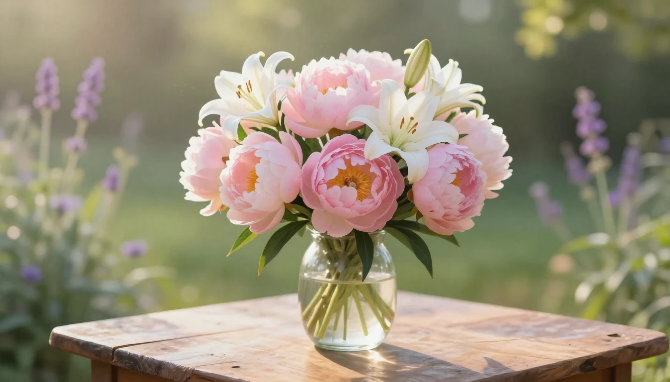 A beautiful bouquet of soft pink peonies and white lilies in...