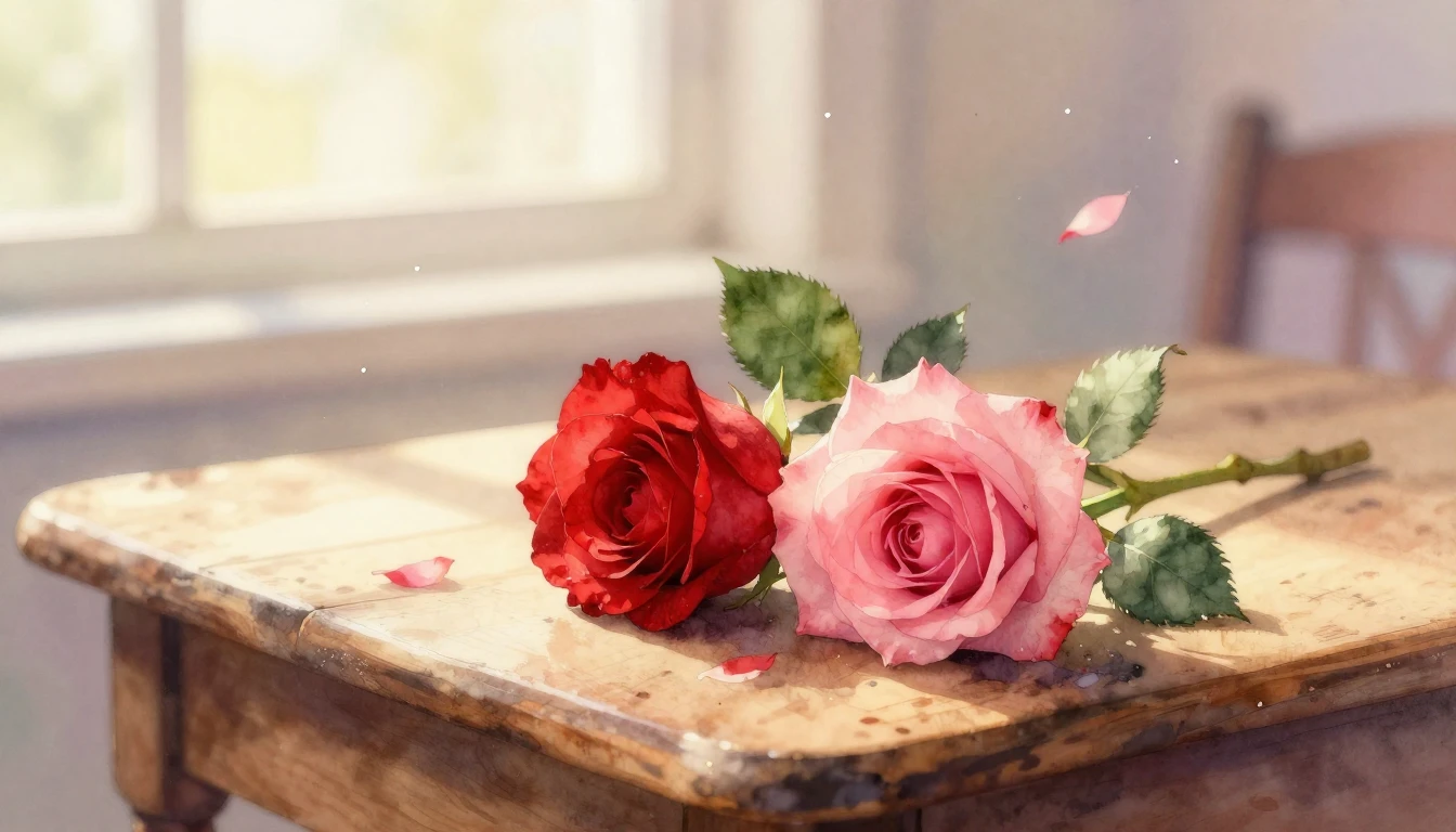 A delicate watercolor painting of two intertwined red and pi...