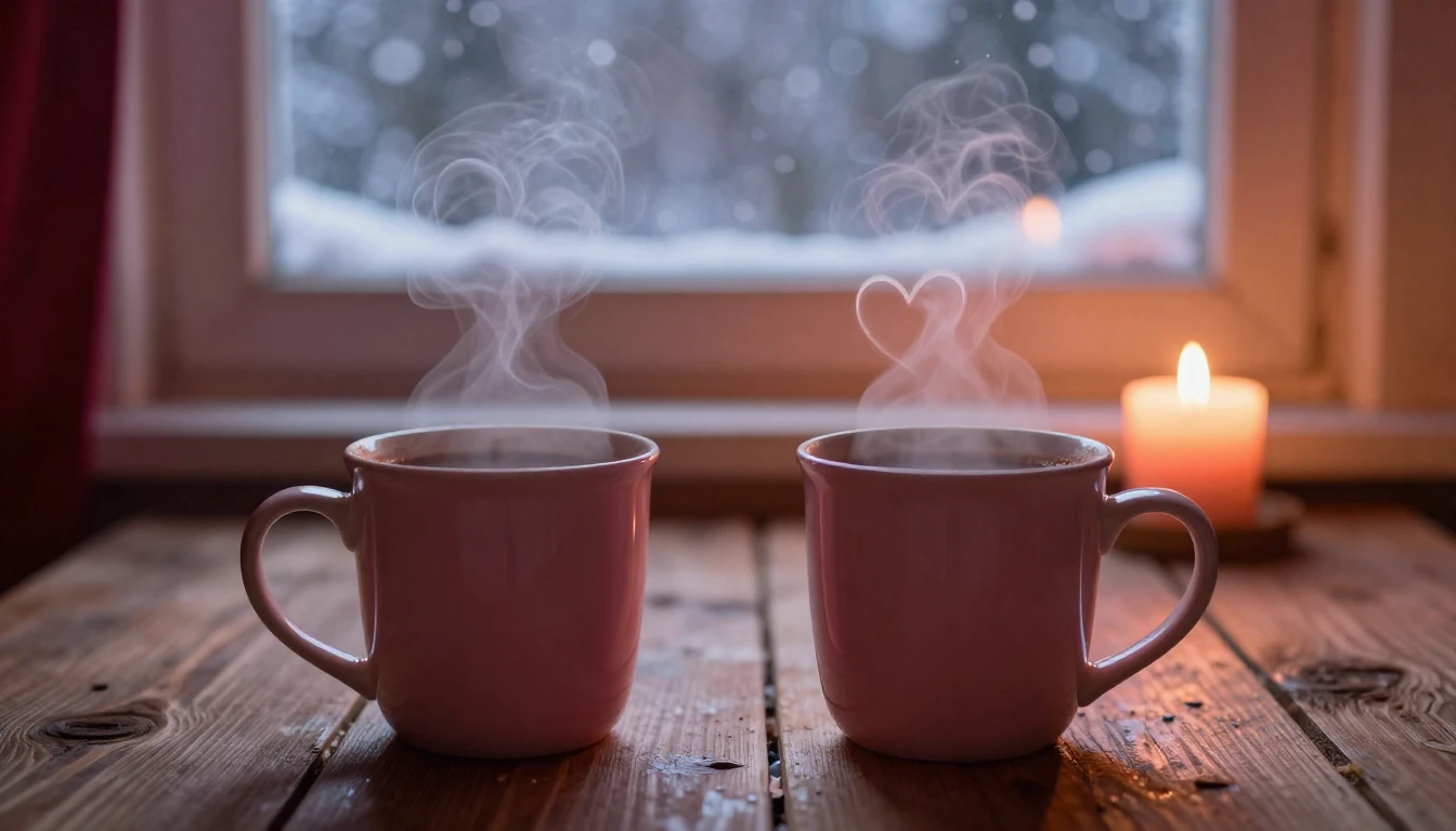 A romantic and cozy close-up scene featuring two steaming mu...