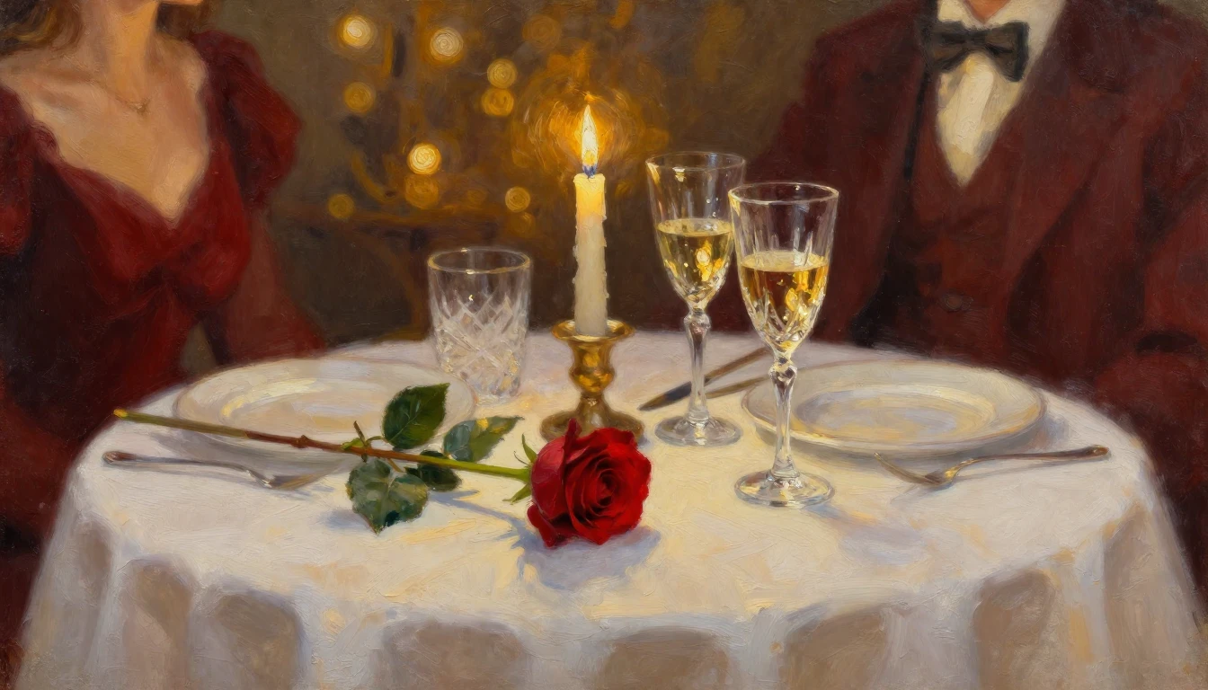 An exquisite oil painting of a candlelit dinner table set fo...