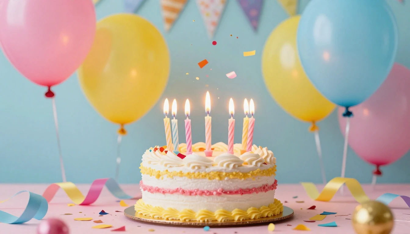 A vibrant and festive birthday scene. A bright birthday cake...
