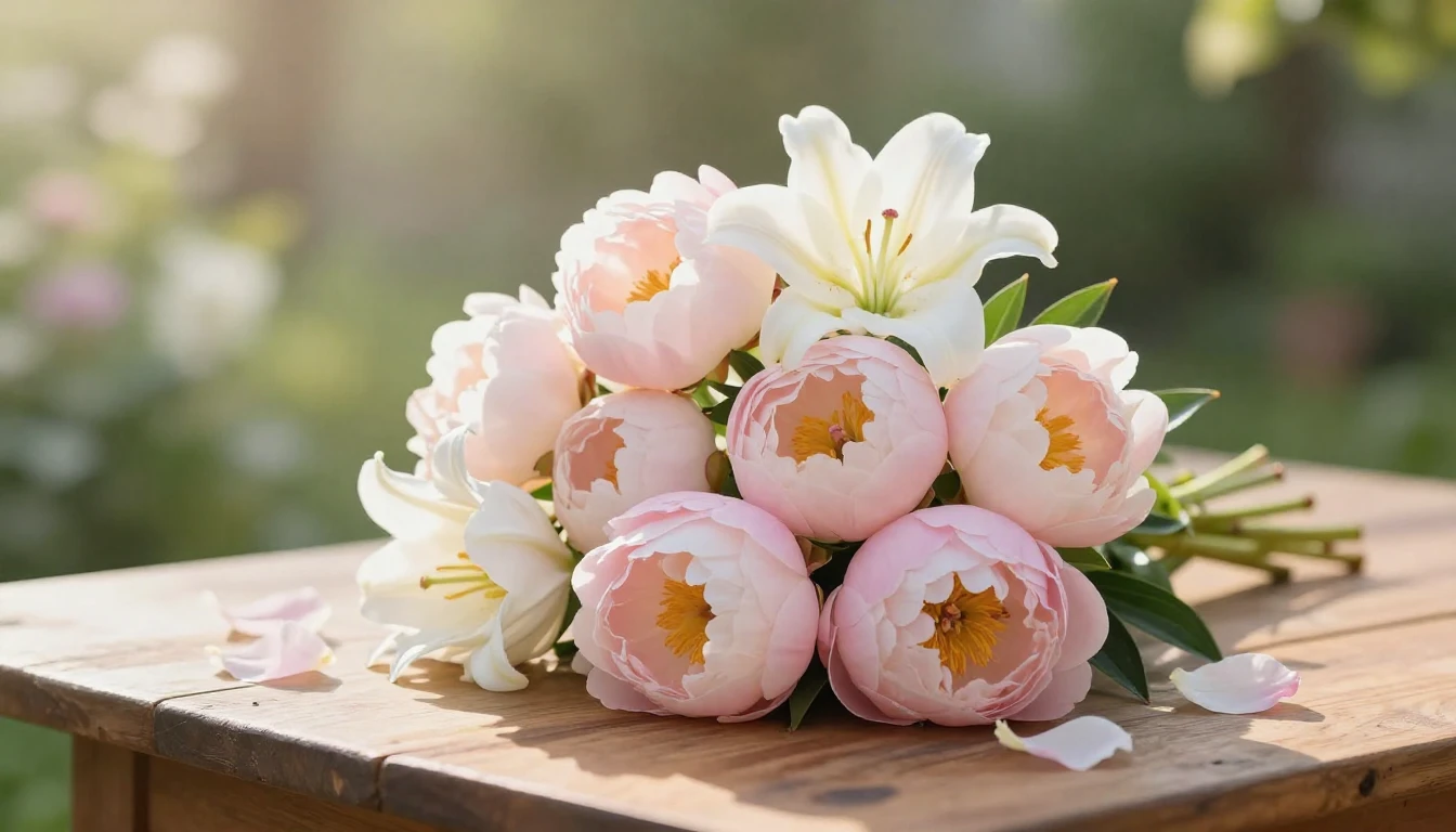 A beautiful bouquet of soft pink peonies and white lilies re...