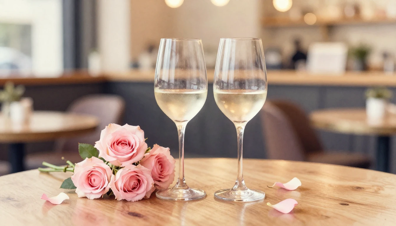 A dreamy watercolor painting of two elegant wine glasses sit...