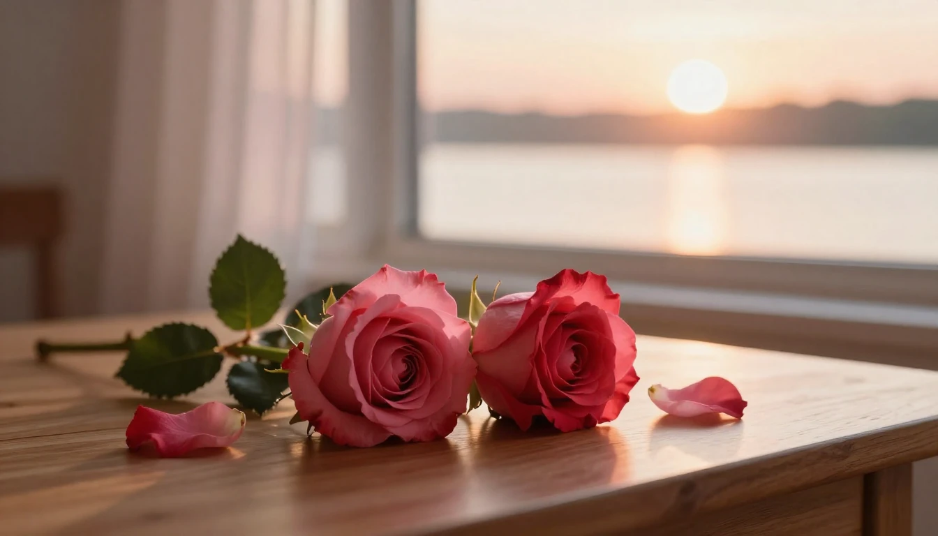 A beautiful and ethereal scene featuring two delicate red ro...