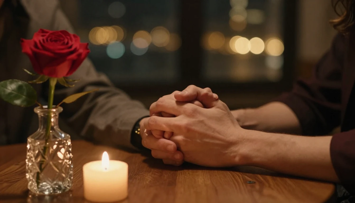 A cinematic close-up shot of a couple holding hands tightly ...