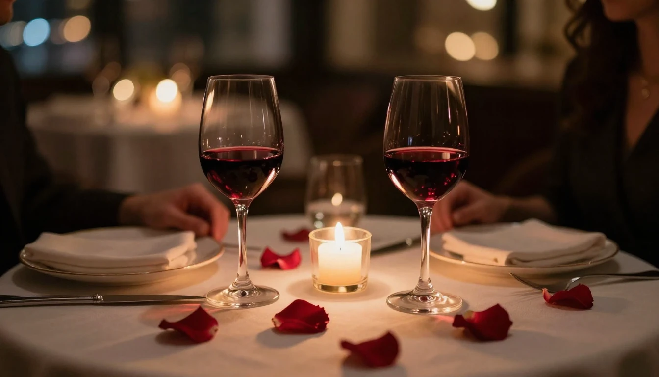 A close-up shot of a beautifully set dinner table for two in...