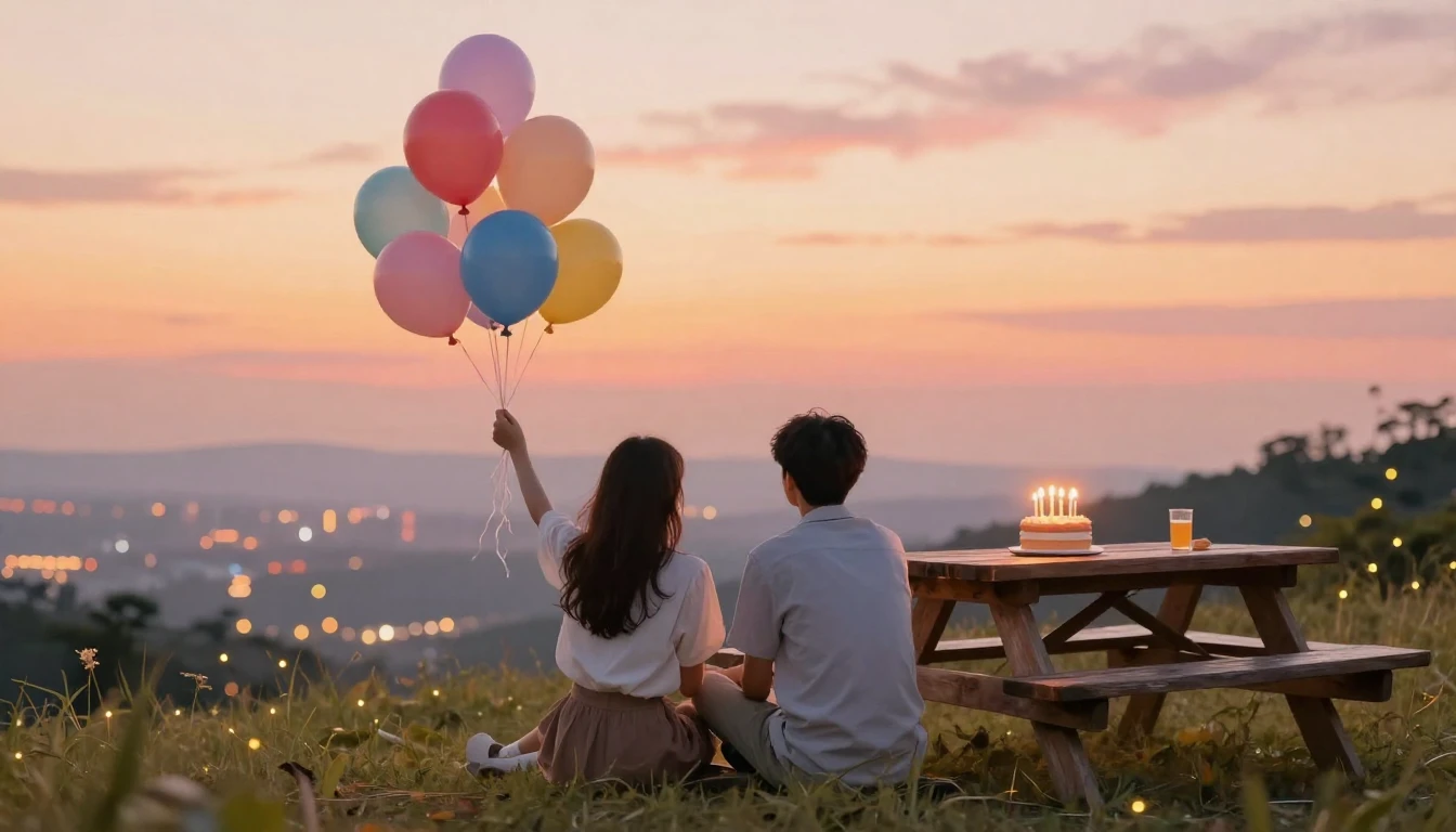 A heartwarming scene of two friends sitting on a grassy hill...