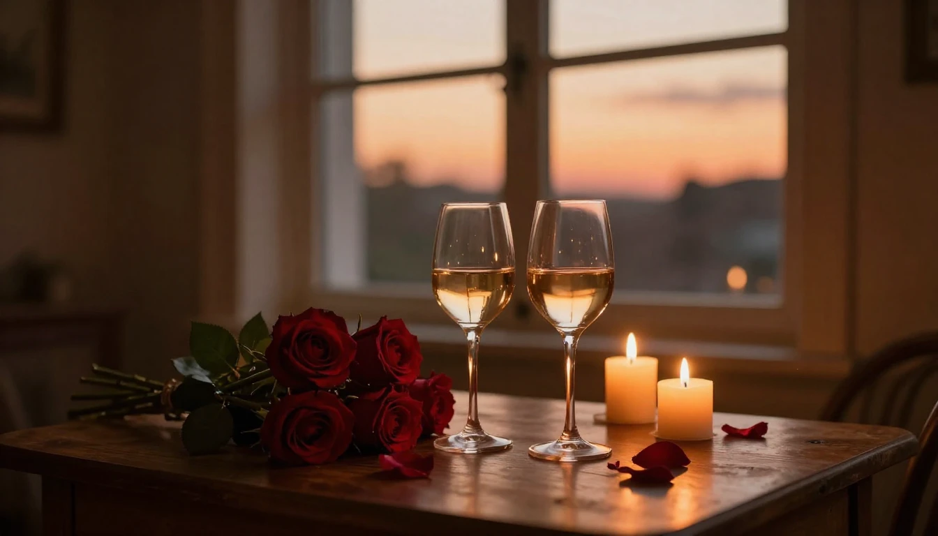 A cozy, dimly lit room with a large window overlooking a sof...