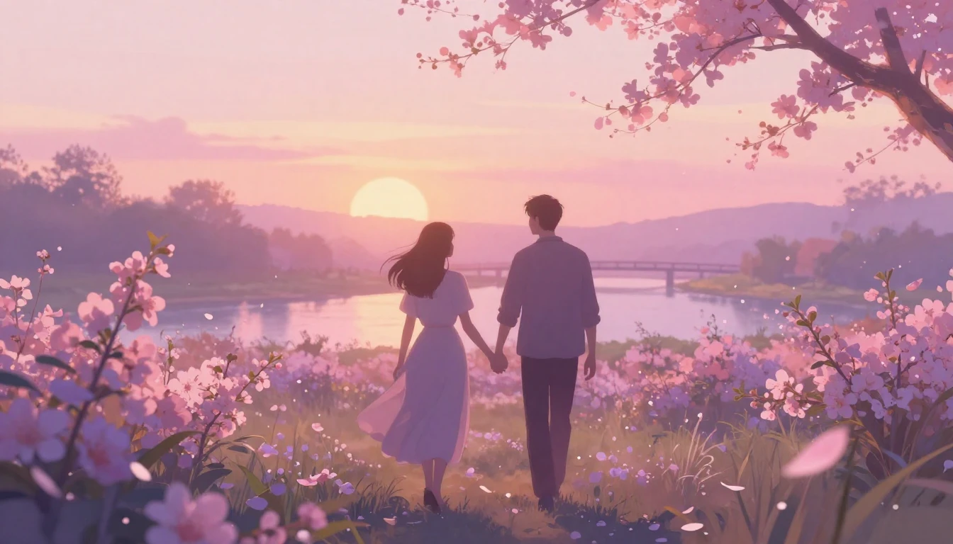 A soft and ethereal scene depicting two silhouettes walking ...