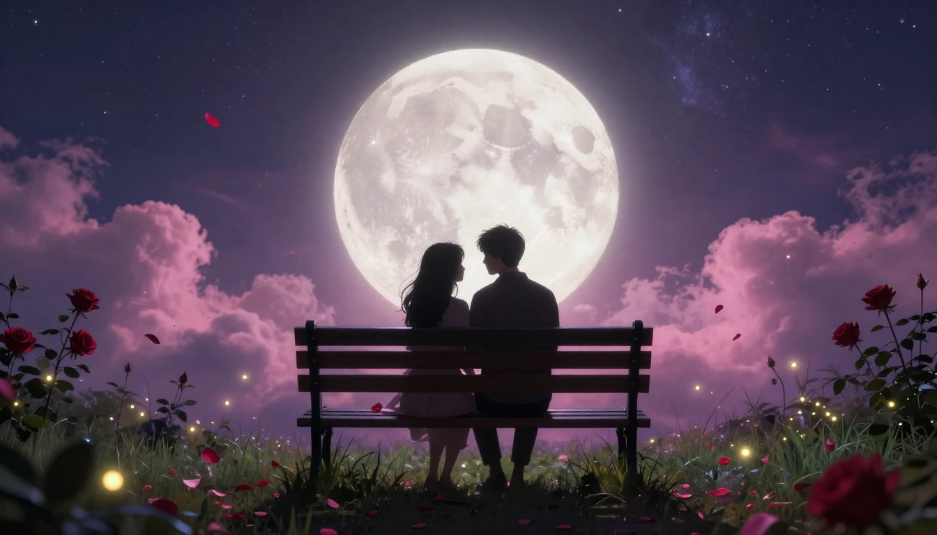 A romantic scene featuring a silhouette of a couple sitting ...