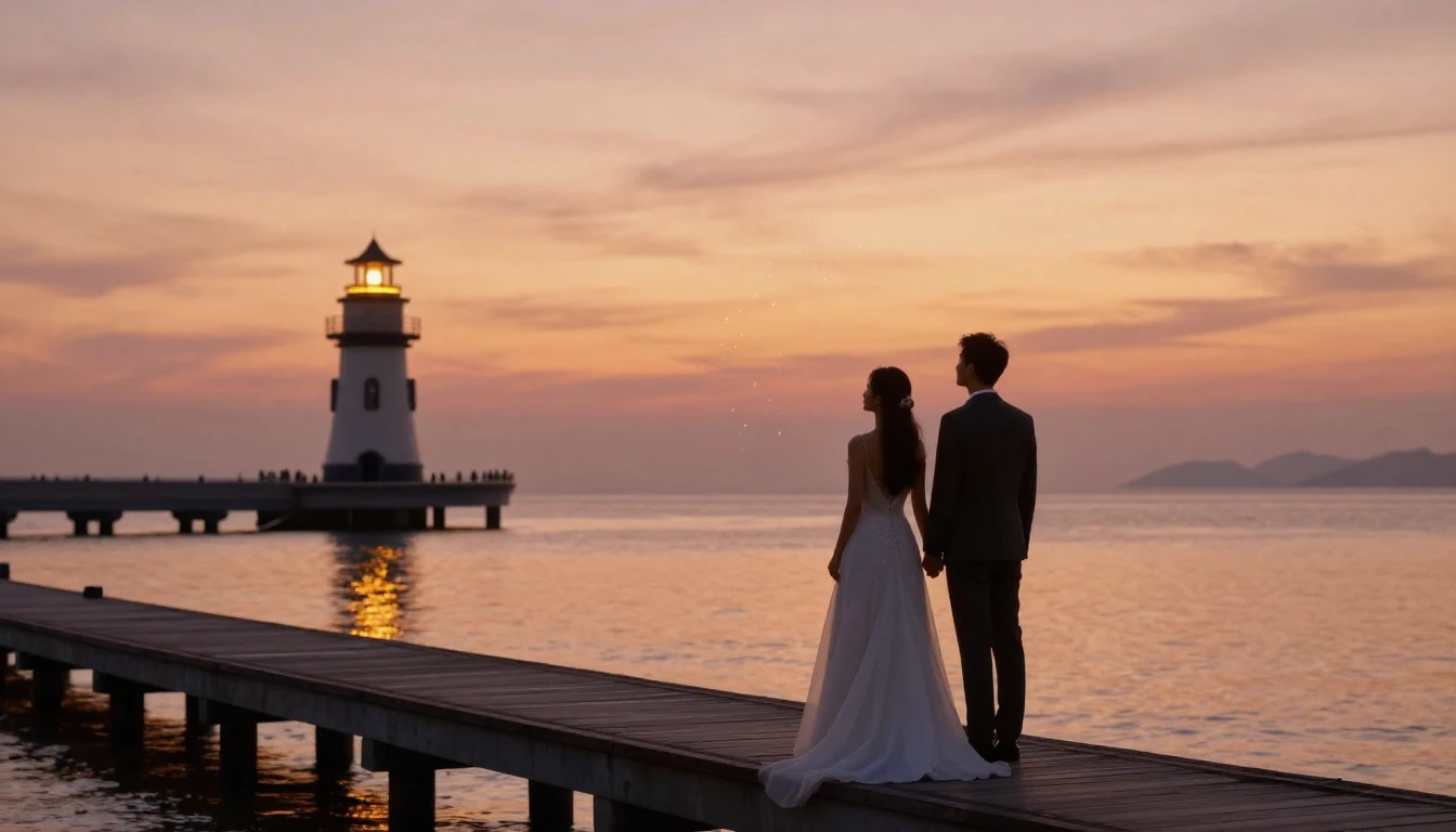 A romantic and atmospheric image of a newlywed couple standi...