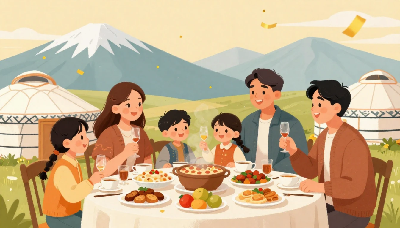 A warm and inviting illustration of a happy Kyrgyz family ce...