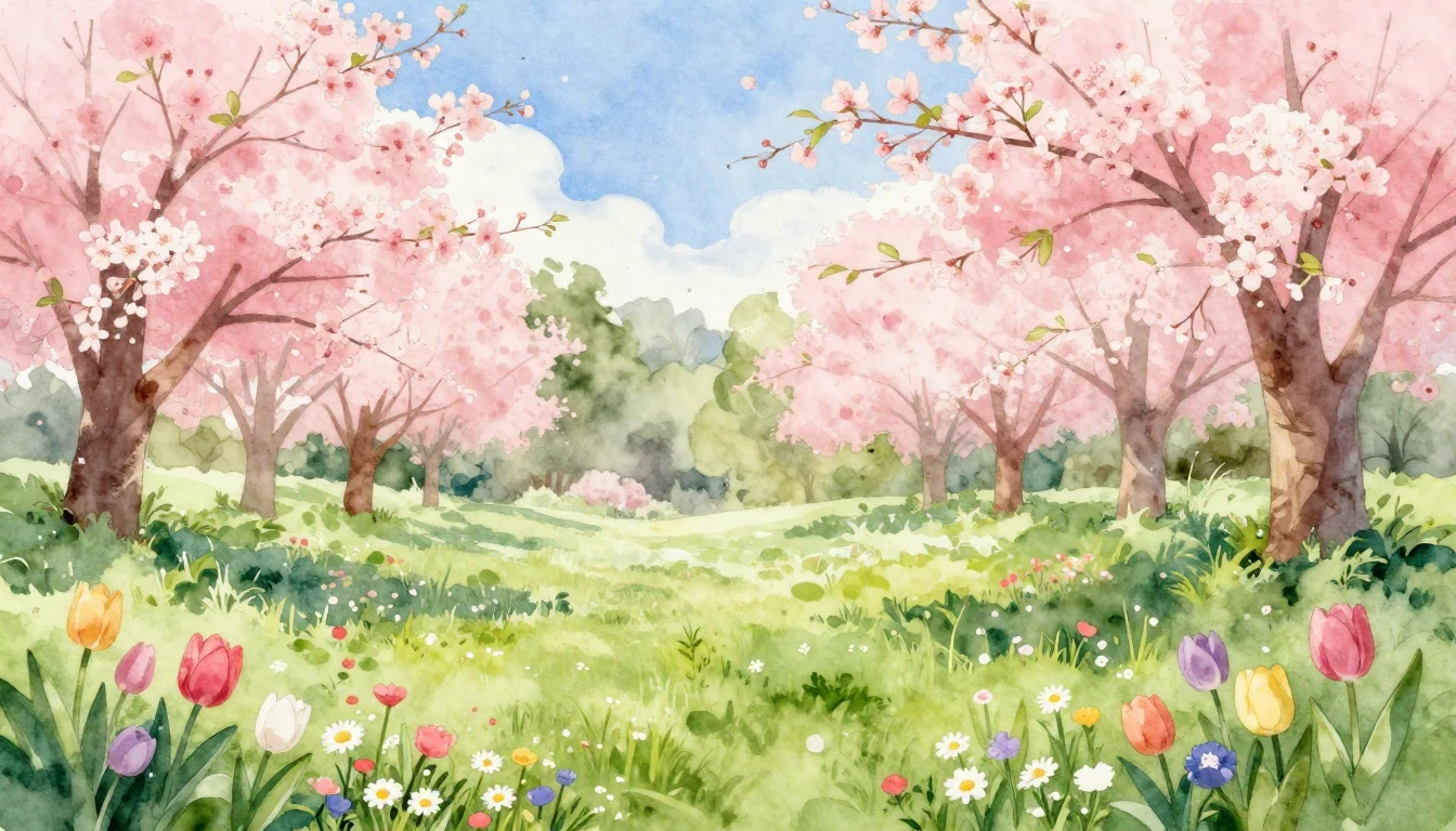 A vibrant watercolor painting of a lush meadow at dawn. Deli...