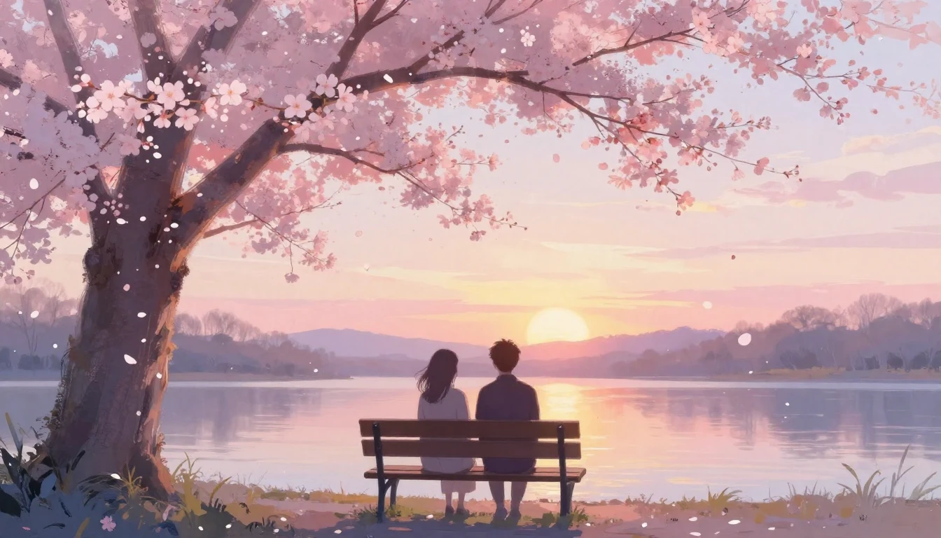 A dreamy and romantic scene featuring two silhouettes of lov...