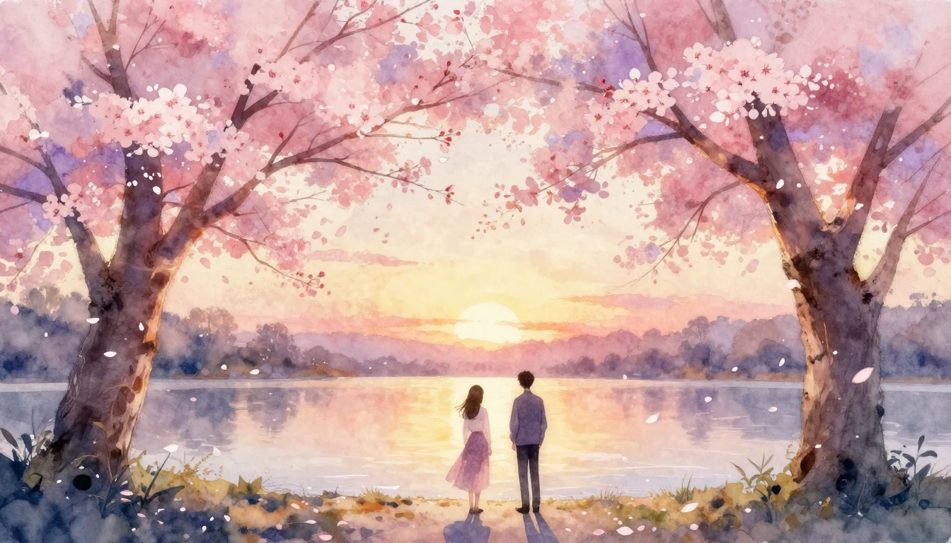A beautiful watercolor painting of two silhouettes standing ...