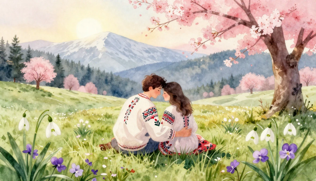 A beautiful watercolor illustration of a blooming spring mea...