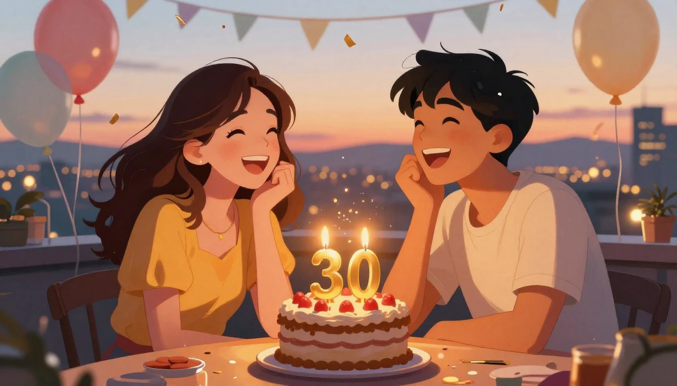 A warm and cheerful birthday illustration for a 30th birthda...