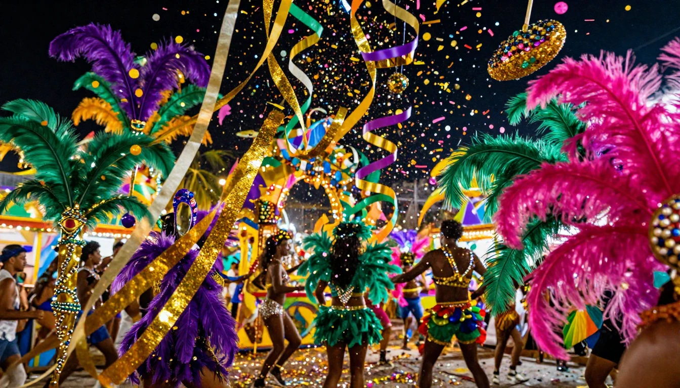 A vibrant and explosive scene of a carnival celebration. The...