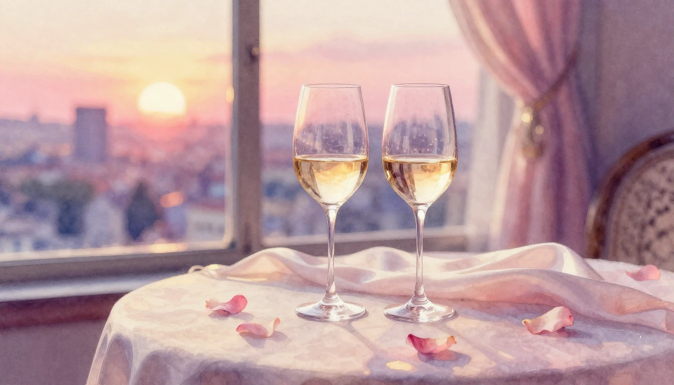 A dreamy watercolor painting of two elegant wine glasses on ...