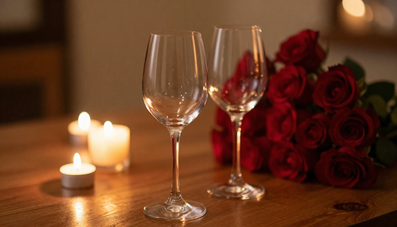 A close-up of two elegant wine glasses on a wooden table, so...