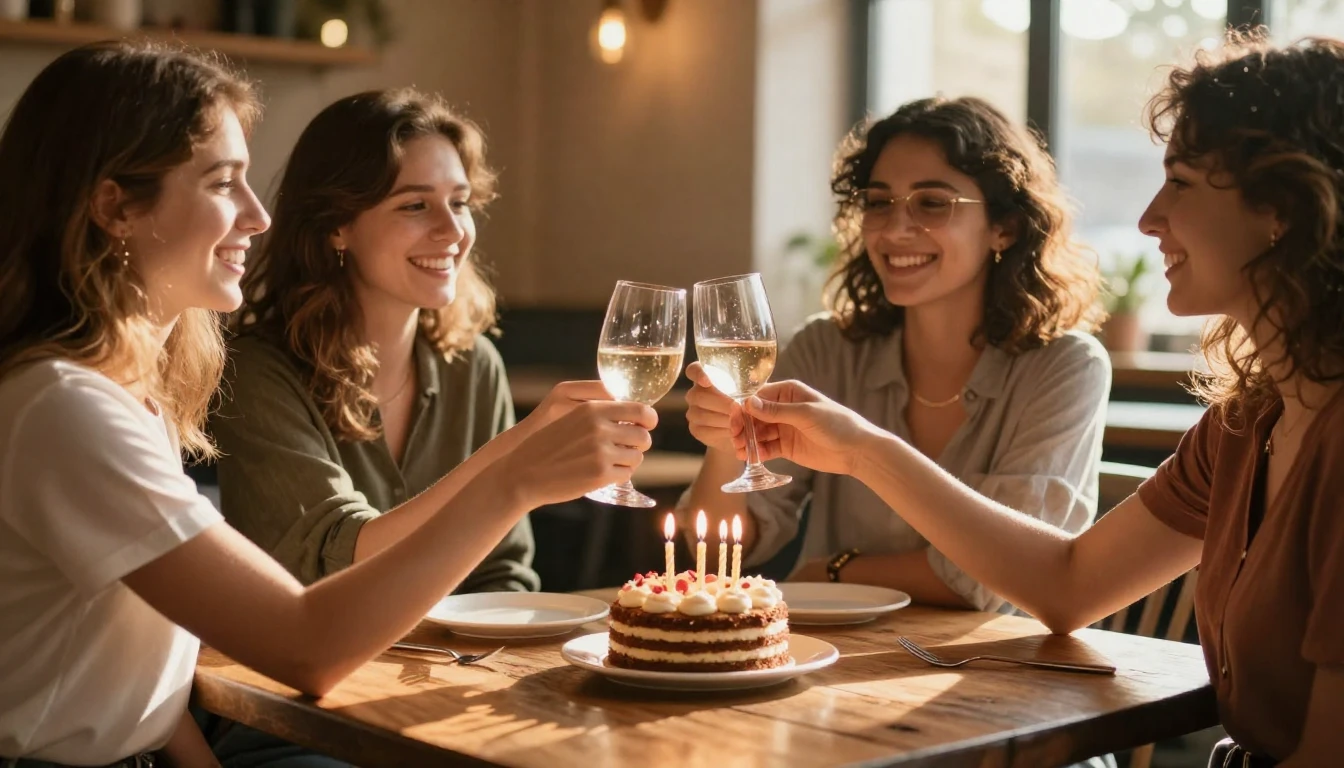A heartwarming scene of best friends clinking glasses in a c...