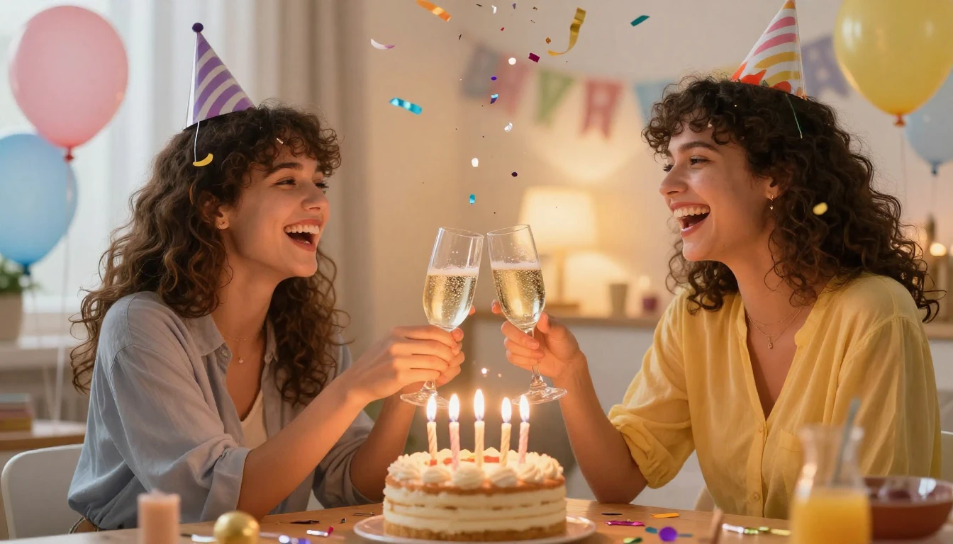 A joyful and vibrant birthday celebration scene. Two best fr...