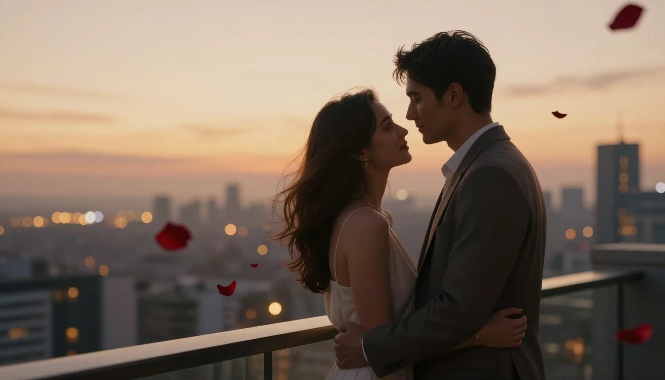 A romantic cinematic shot of a couple standing close togethe...