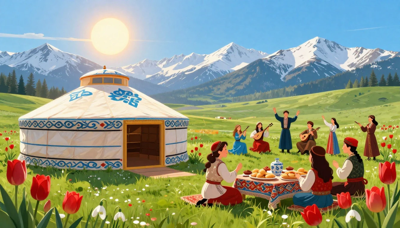 A vibrant and festive illustration celebrating Nauryz in Kaz...