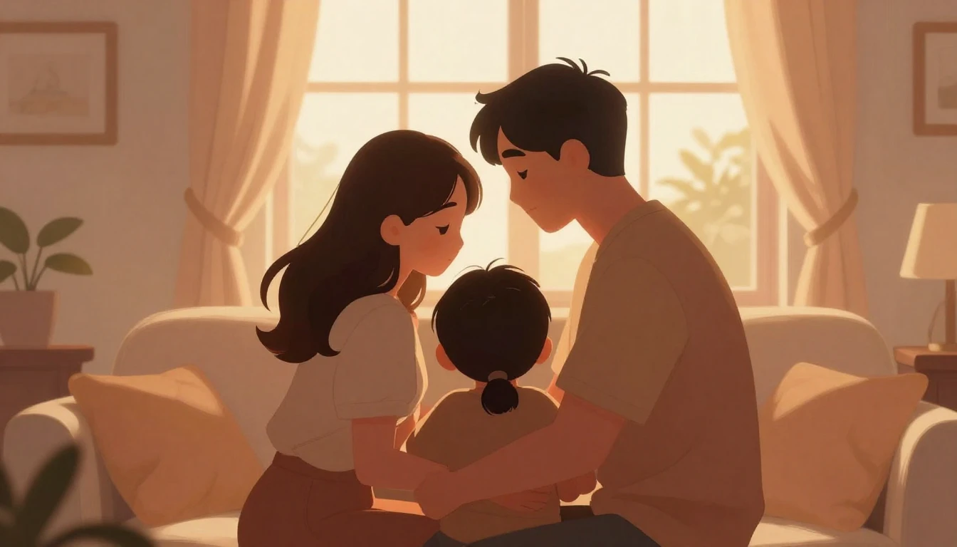 A cozy and heartwarming illustration of a family group hug i...