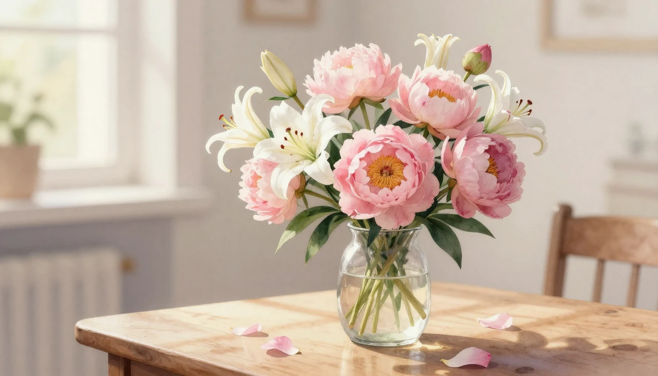 A delicate watercolor painting of a blooming bouquet of pink...