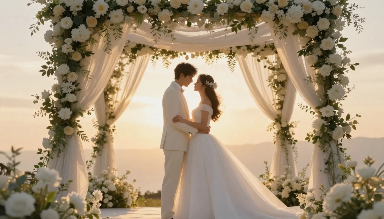 A romantic and dreamy digital artwork featuring a bride and ...