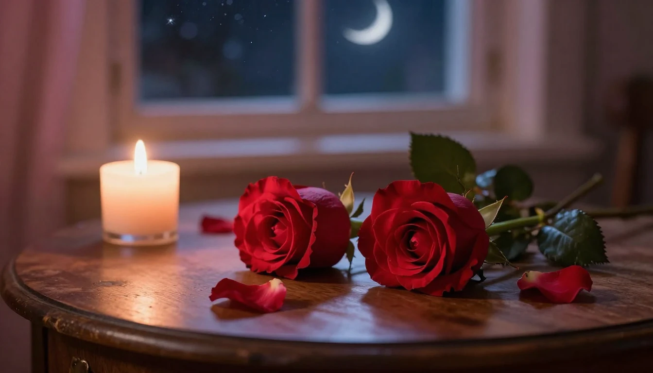 A dreamy and romantic scene featuring two delicate red roses...