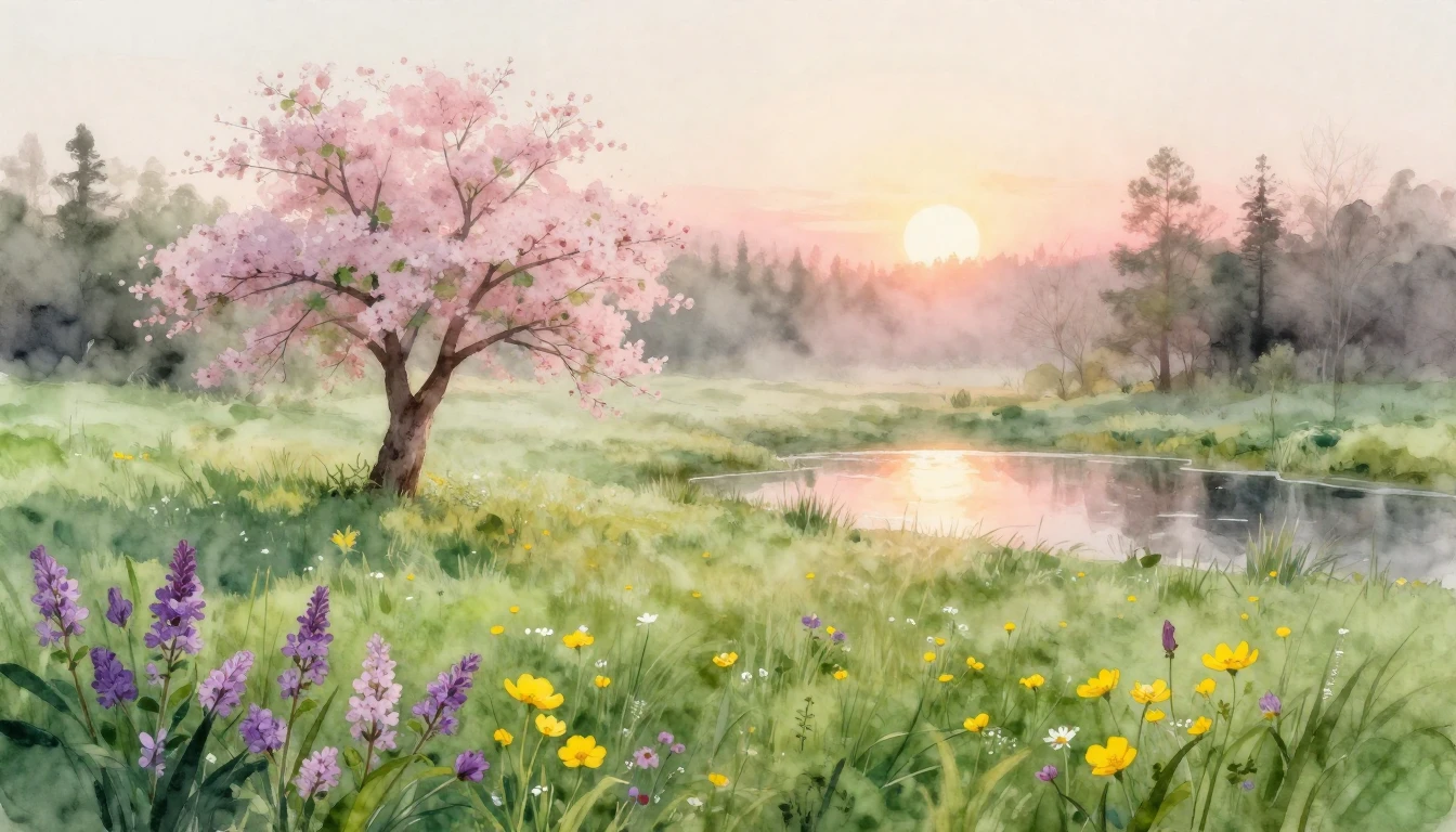 A breathtaking watercolor painting depicting a serene spring...