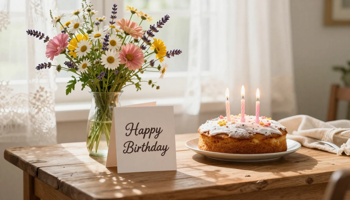 A beautiful and cozy birthday setting, a rustic wooden table...