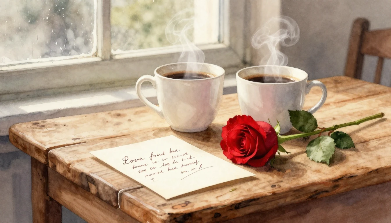 A romantic and intimate scene depicted in soft watercolor st...