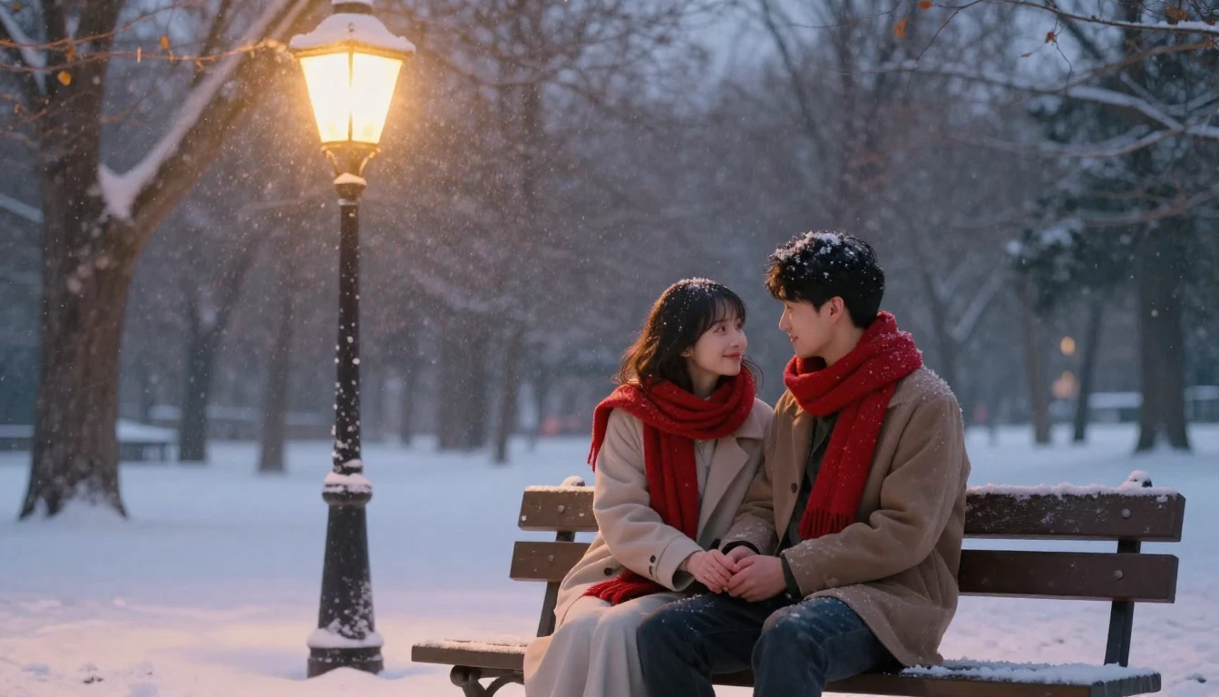 A romantic artistic scene of a couple sitting on a bench in ...