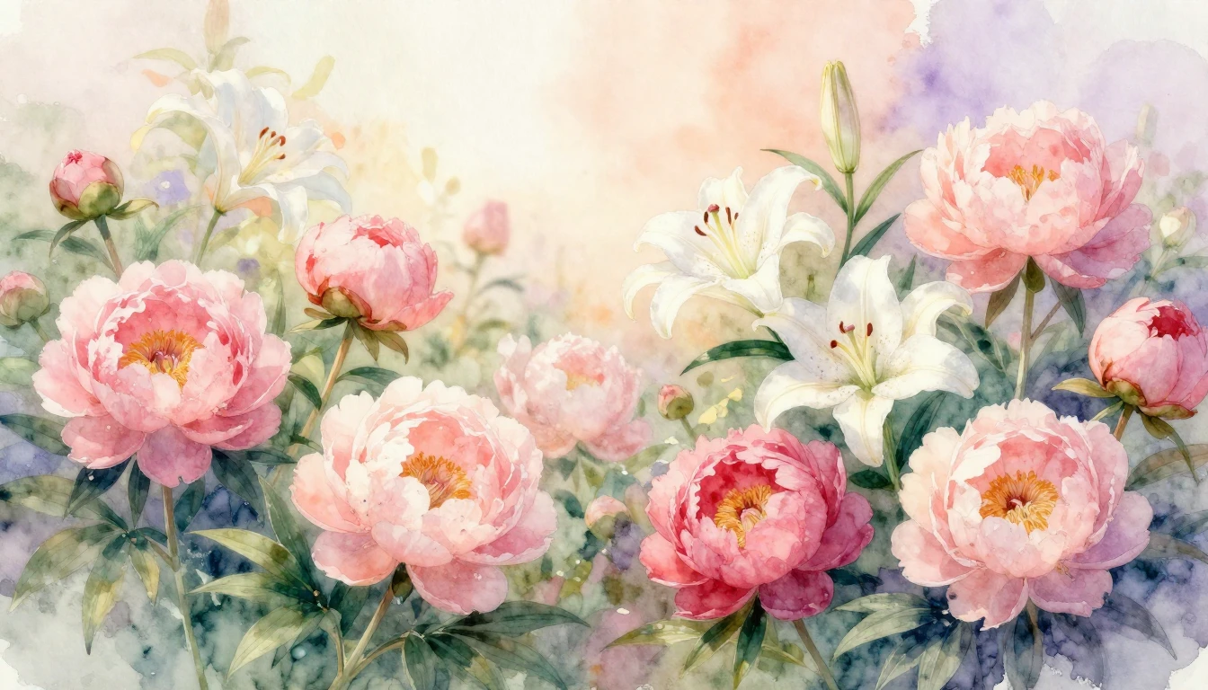 A soft watercolor painting of a blooming garden filled with ...