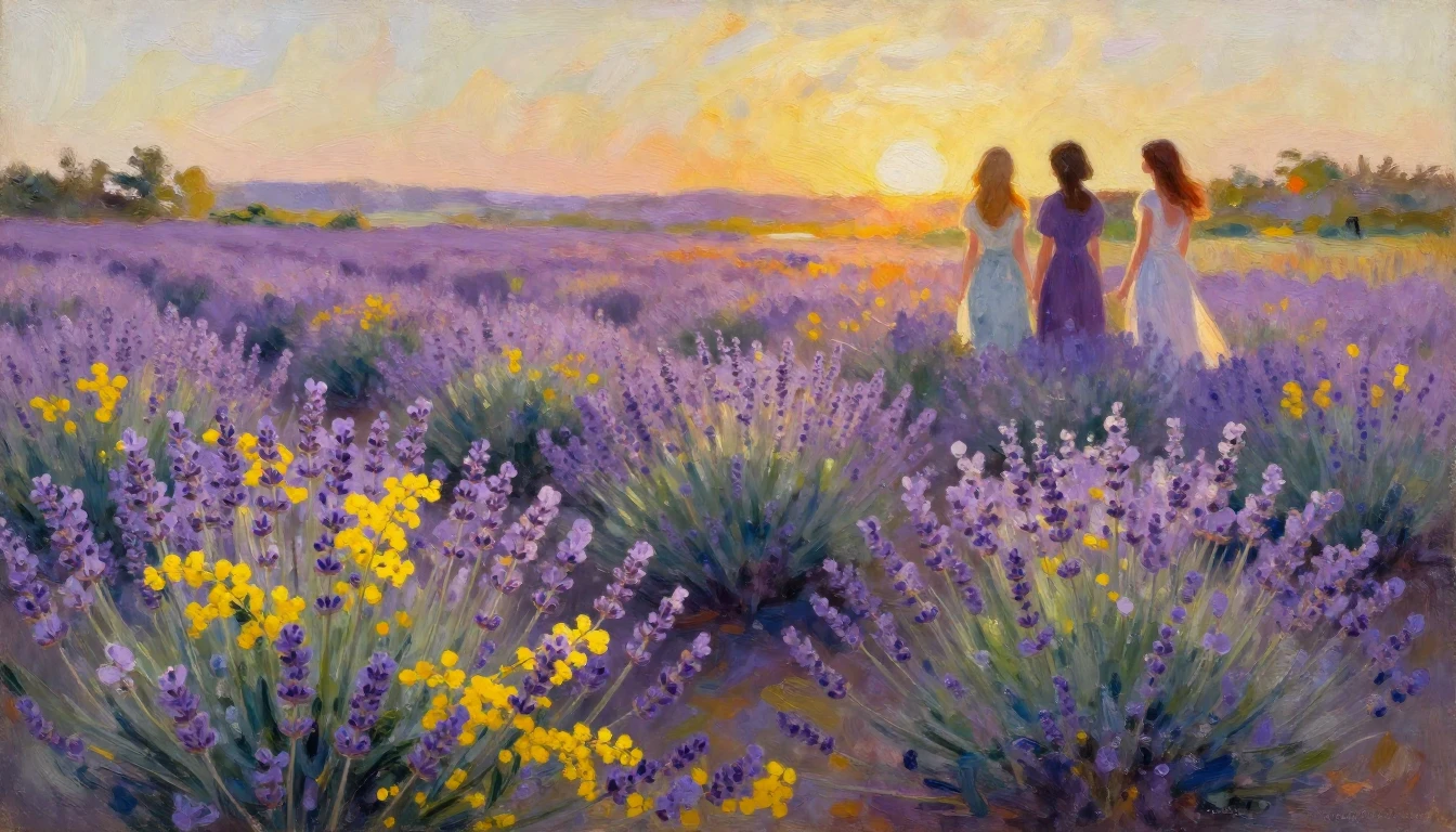 An impressionist oil painting of a vast, sun-drenched meadow...