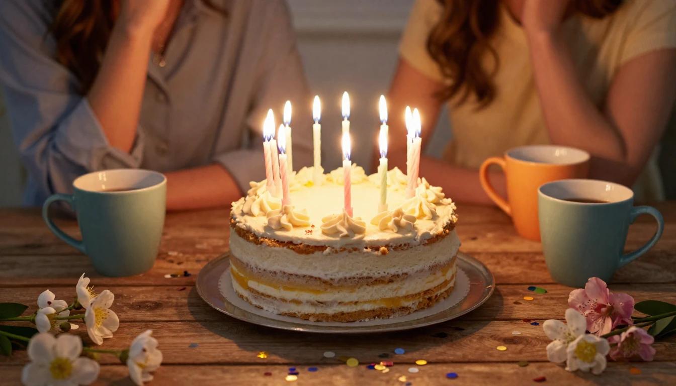 A beautiful birthday cake with glowing candles on a rustic w...