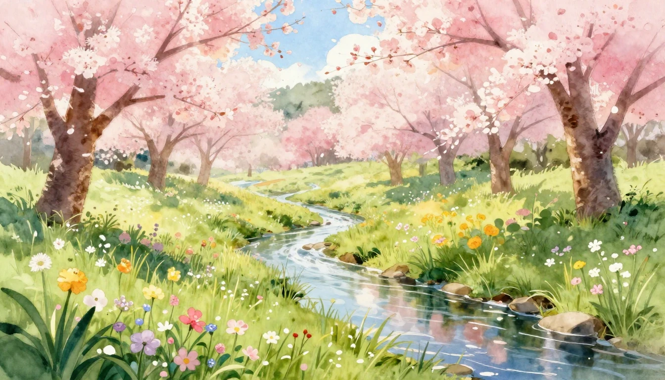 A beautiful watercolor painting of a lush spring meadow fill...