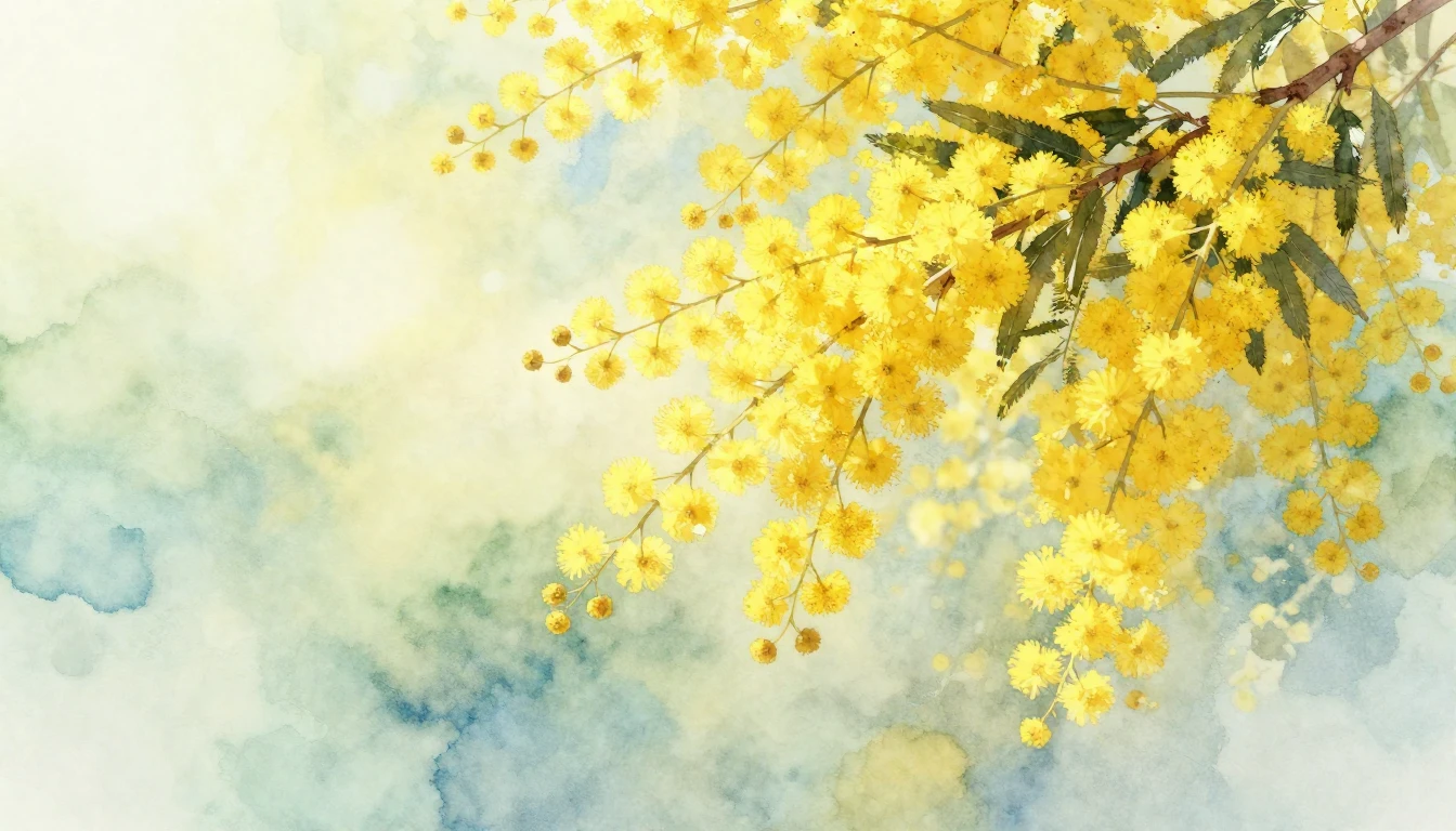 A delicate watercolor painting of bright yellow mimosa branc...