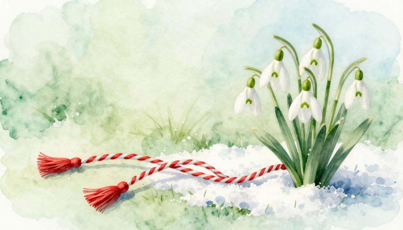 A delicate watercolor painting of a traditional Mărțișor sym...