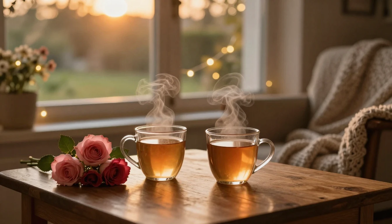 A cozy and warm indoor setting during a soft sunset. Two ste...