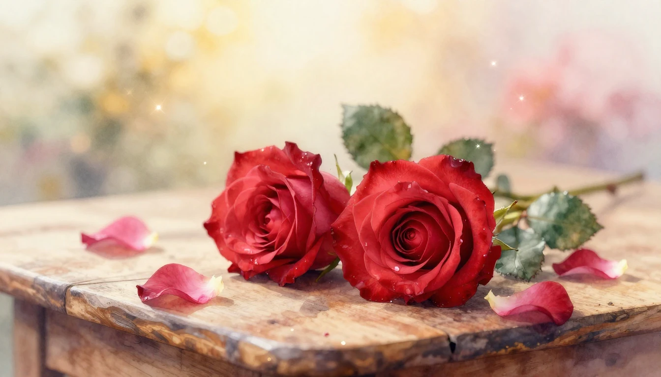 A delicate watercolor painting of two intertwined red roses ...